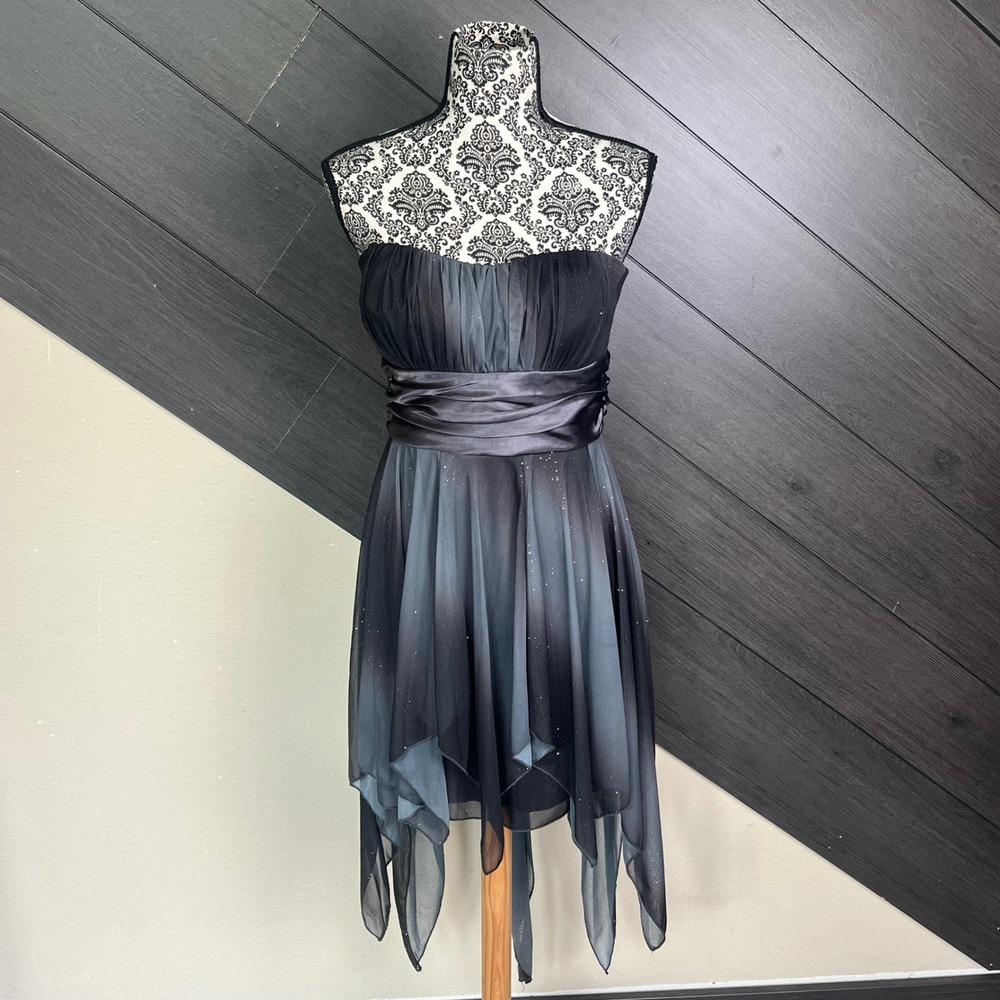 Deb Size 11 Women's Strapless Handkerchief Hem Cocktail Dress Black Glitter Y2K